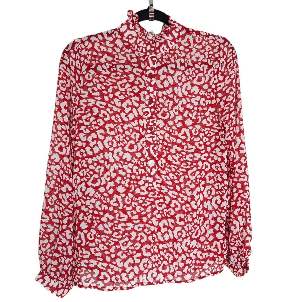 The Shirt Rochelle Behrens Womens Blouse Red White Leopard Sheer Chiffon Top XS